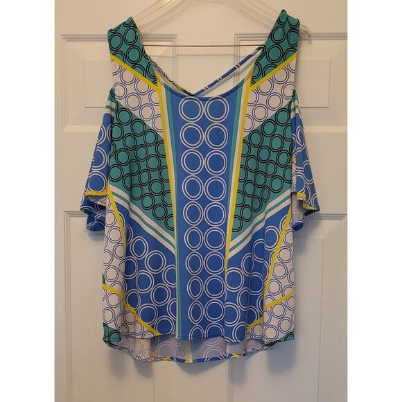 Kaari Blue Cold Shoulder Colorful Geometric Top Blouse Tunic Size XL - Picture 1 of 10
